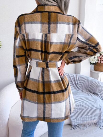 Contrasting plaid long-sleeve tie-wool coat