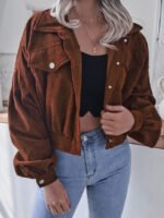 Corduroy Single-breasted Lantern Sleeve Crop Jacket