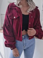 Corduroy Single-breasted Lantern Sleeve Crop Jacket