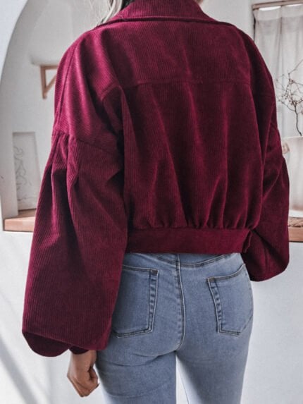 Corduroy Single-breasted Lantern Sleeve Crop Jacket