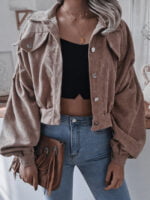 Corduroy Single-breasted Lantern Sleeve Crop Jacket