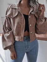 Corduroy Single-breasted Lantern Sleeve Crop Jacket