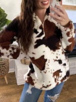 Cow Print Zip Plush Long Sleeve Top