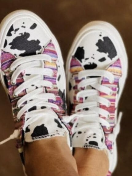 Cow print lace-up canvas shoes