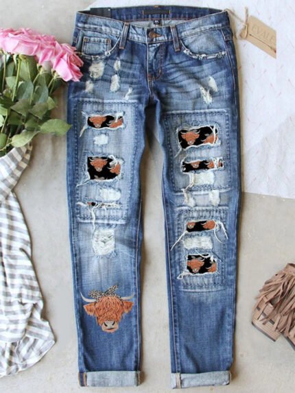 Cowgirl patch print chic casual jeans