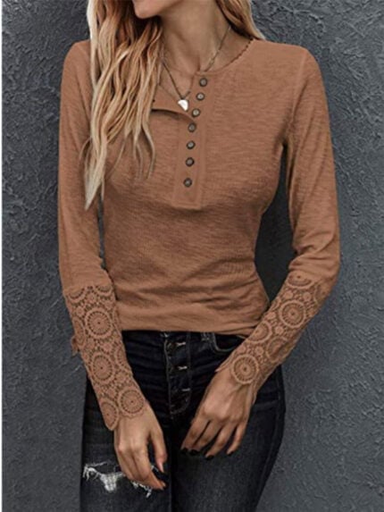 Crochet Lace Sleeve Button-Down Top