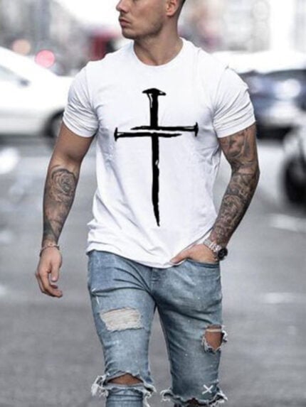 Cross Print Crew Neck Casual Sports T-Shirt