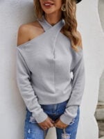 Cross V-neck Cold Shoulder Knitted Sweater