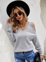 Cross V-neck Cold Shoulder Knitted Sweater