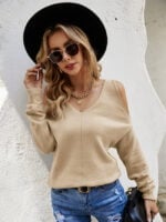 Cross V-neck Cold Shoulder Knitted Sweater