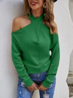 Cross V-neck Cold Shoulder Knitted Sweater