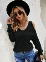 Cross V-neck Cold Shoulder Knitted Sweater