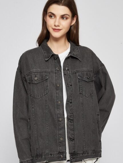 Dark Grey Buttoned Lapel Denim Jacket