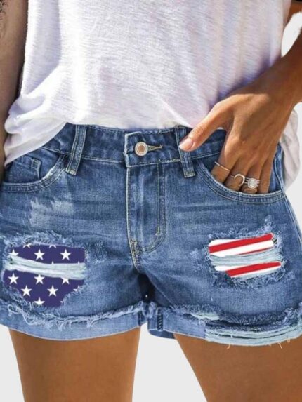 Denim Flag Ripped Shorts