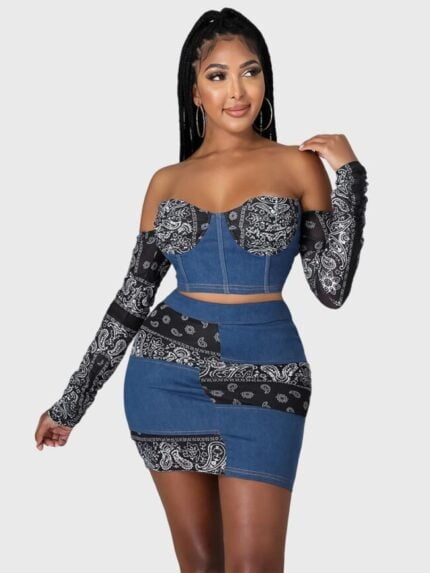 Denim Open Back Tight Dress Two Piece