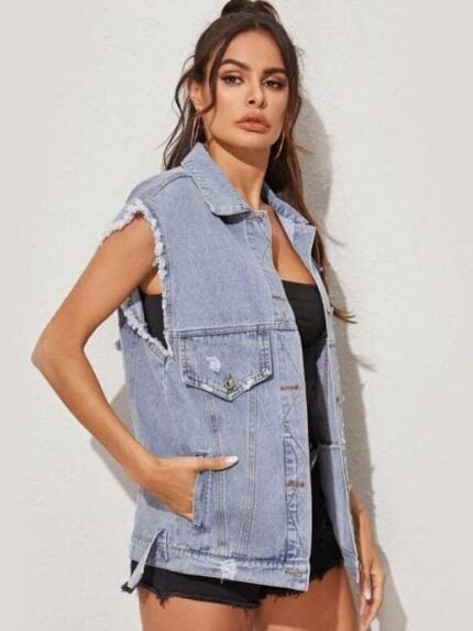 Denim ripped sleeveless jacket-Wholesale