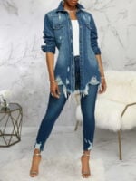 Distressed Ripped Single-breasted Denim Jackets