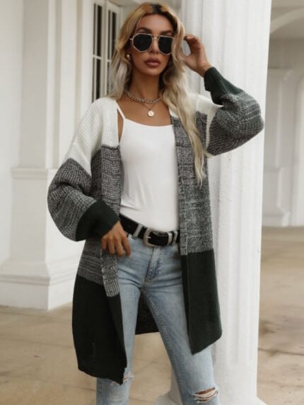 Color Block Drop Shoulder Open Front Cardigan