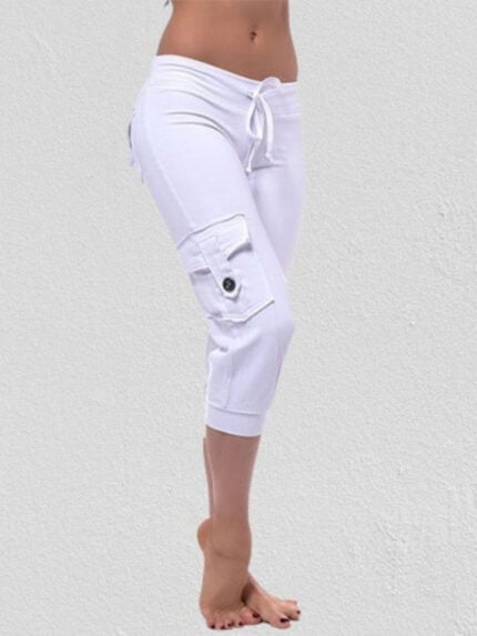 Elastic Waist Button Pocket Cropped Pants