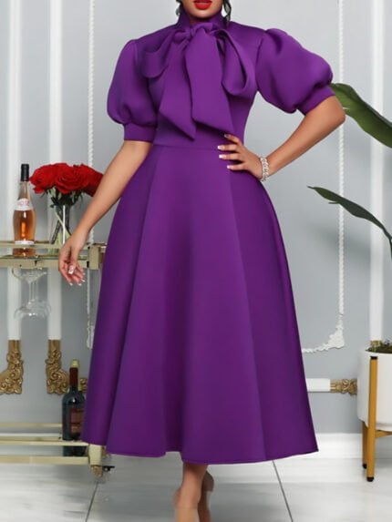 Elegant Bow Tie Puff Sleeve Dress