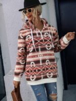 Ethnic Print Zipper Fleece Hoodie