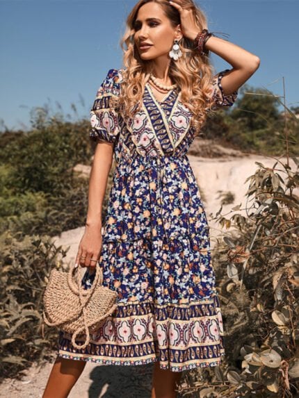 Ethnic floral print V-neck dress