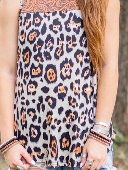 Ethnic leopard print panelled tank top