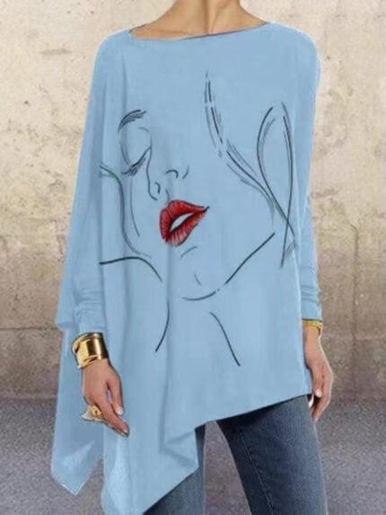 Face Print Irregular Long Sleeve T-Shirt