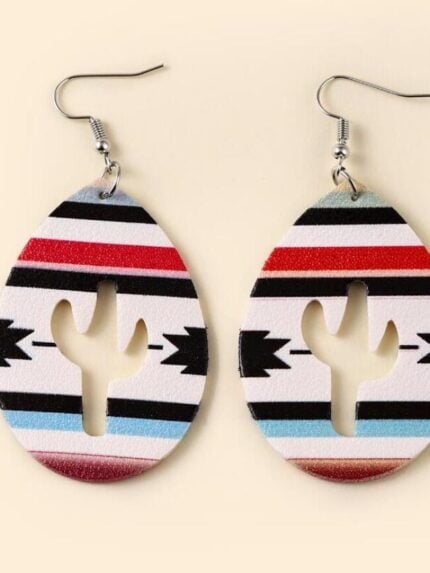 Fashion Cutout Cactus Print Leather Earrings