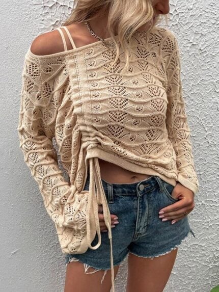 Fashion Cutout Drawstring Long Sleeve Knit Top