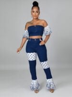 Fashion Denim Patchwork Print Two Piece