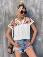 Fashion Embroidered Print Lace-Up Blouse