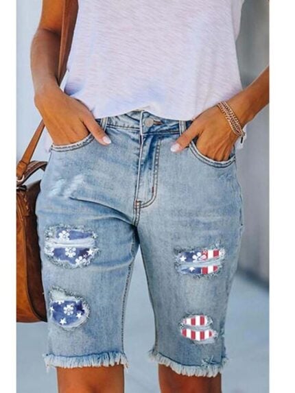 Fashion Flag Flower Print Ripped Denim Shorts