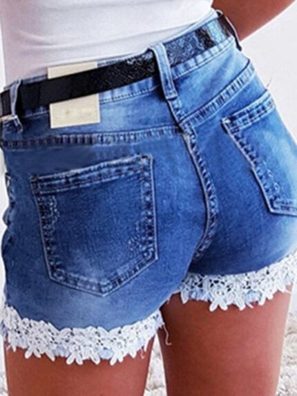 Fashion Lace Panel Denim Shorts