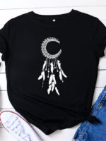 Fashion Moon Feather Print Casual T-Shirt