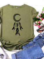 Fashion Moon Feather Print Casual T-Shirt