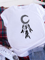 Fashion Moon Feather Print Casual T-Shirt