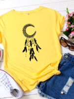 Fashion Moon Feather Print Casual T-Shirt