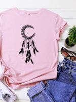 Fashion Moon Feather Print Casual T-Shirt