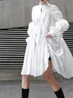 Fashion Pleated Irregular Balloon Sleeve Shirt Dress