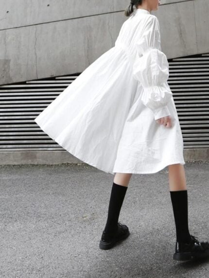 Fashion Pleated Irregular Balloon Sleeve Shirt Dress