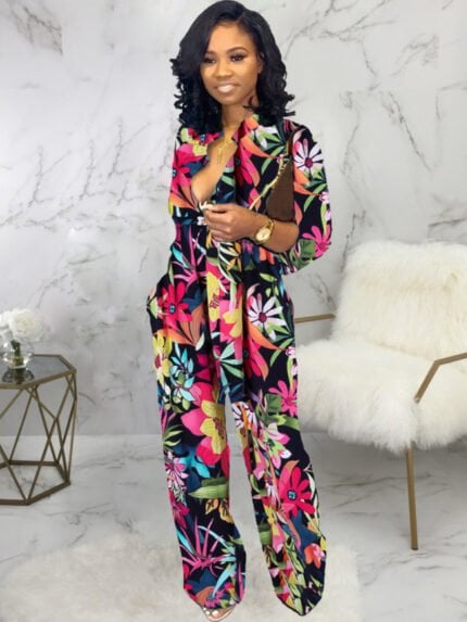 Wholesale Fashion Print Button Tie Jumpsuit