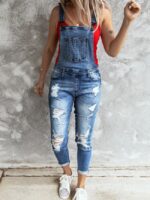 Fashion Ripped Denim Suspender Jumpsuit