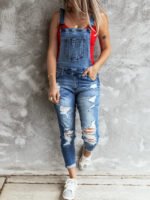 Fashion Ripped Denim Suspender Jumpsuit