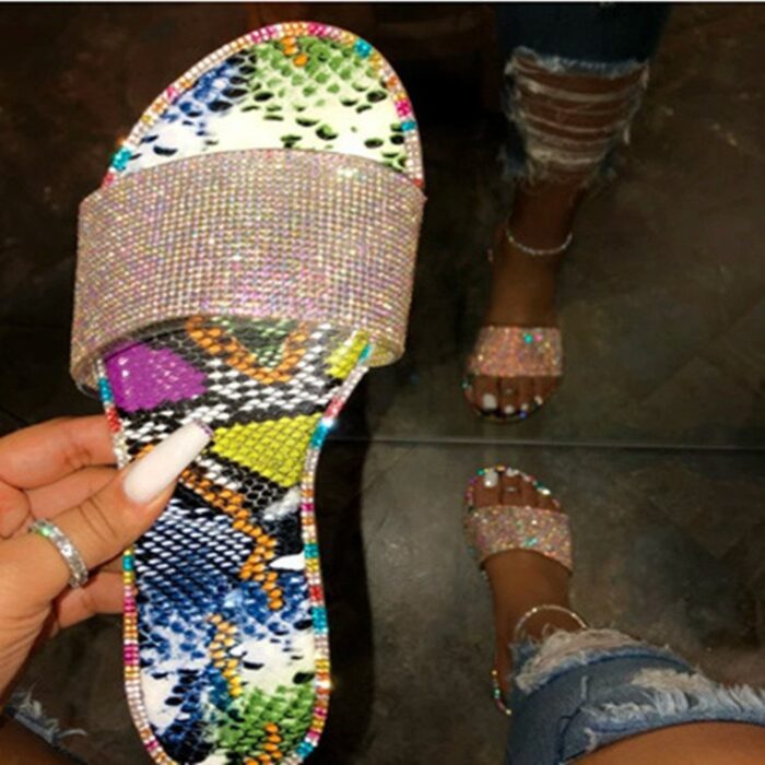 Fashion Snake Print Rhinestone Flat Slides