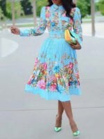 Fashion printed lapel pleated dress