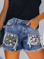 Fashion ripped star flag print denim shorts