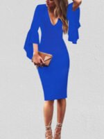 Wholesale Flared Sleeve V-Neck Fitted Dress