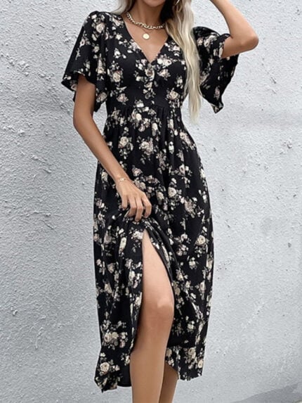 Floral Button V-Neck Slit Dress