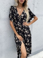 Floral Button V-Neck Slit Dress